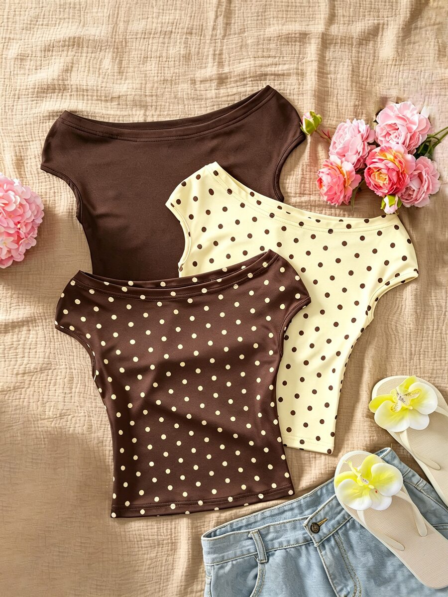 Sparklyn Tween Girls 3pcs Vacation Tight Off Shoulder Multicolor T-Shirts, Summer, Casual, Outfit, Comfortable, Daily, Minimalist, Back To School - Brown - View 1