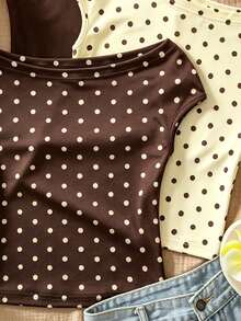 Sparklyn Tween Girls 3pcs Vacation Tight Off Shoulder Multicolor T-Shirts, Summer, Casual, Outfit, Comfortable, Daily, Minimalist, Back To School - Brown - View 5