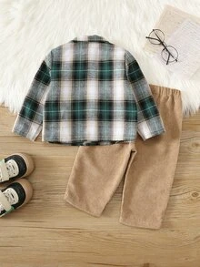 SHEIN 男嬰 2件組秋冬休閒百搭綠色格紋襯衫套裝，嬰兒冬季襯衫套裝，聖誕 - 綠色 - 查看 2