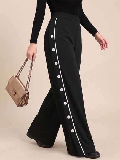 Juhart Women's Woven Regular Fit Autumn/Winter Retro Casual Minimalist Striped Side Button Decor Contrast White Trim High Waist Loose Slimming Wide Leg Black & White Long Pants