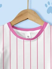 SHEIN | PAW Patrol Young Girl Cartoon Pattern Print Striped Short Sleeve Dress - White - View 3