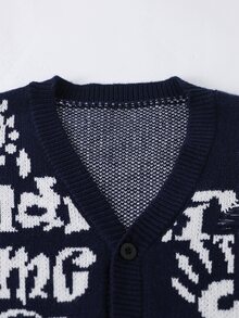 SHEIN Explorewe 青少年男款美式復古黑色慵懶開襟衫，返校大學街頭休閒寬鬆版型，秋冬款 - 藏蓝色 - 查看 7