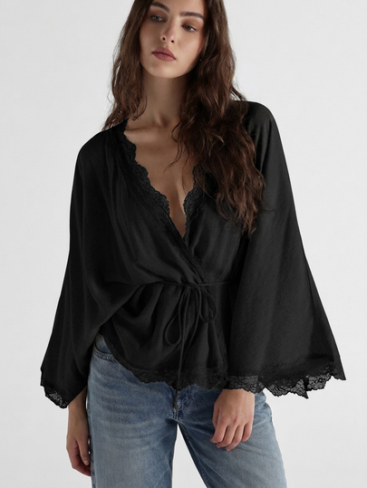 KSTM Satin Wrap Blouse With Deep V Neck Lace Trim Long Balloon Sleeves Tie Waist Drawstring Party Holiday Evening Top