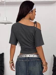 Coolane Summer Casual Solid Color Asymmetrical Shoulder Waist-Cinching T-Shirt - Black - View 2
