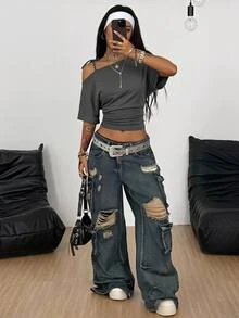Coolane Summer Casual Solid Color Asymmetrical Shoulder Waist-Cinching T-Shirt - Black - View 3