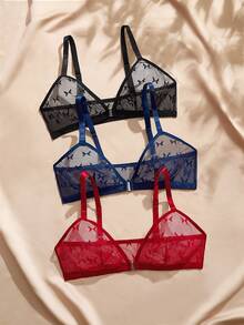 Charlaine 3pcs Front Closure Lace Patchwork Comfortable Plus Size Bra Set - Multicolor - View 4