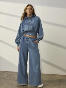 Aralina Women Blue Acid Wash Mid Rise Wide Leg Sweatpants Elastic Drawstring Waist Lounge Yoga Casual Going Out Gym Workout Running Streetwear Pants - Blue - View 2