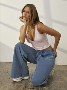 Aralina Women Blue Acid Wash Mid Rise Wide Leg Sweatpants Elastic Drawstring Waist Lounge Yoga Casual Going Out Gym Workout Running Streetwear Pants - Blue - View 4
