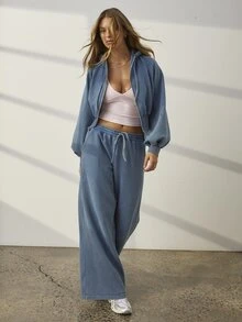 Aralina Women Blue Acid Wash Mid Rise Wide Leg Sweatpants Elastic Drawstring Waist Lounge Yoga Casual Going Out Gym Workout Running Streetwear Pants - Blue - View 8