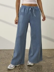 Aralina Women Blue Acid Wash Mid Rise Wide Leg Sweatpants Elastic Drawstring Waist Lounge Yoga Casual Going Out Gym Workout Running Streetwear Pants - Blue - View 3