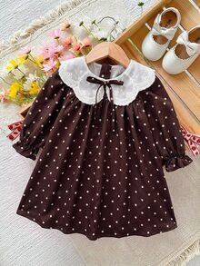 SHEIN 女嬰編織波點休閒洋裝，附彼得潘領、花瓣袖與3D蝴蝶結，秋季新款 - 彩色 - 查看 1