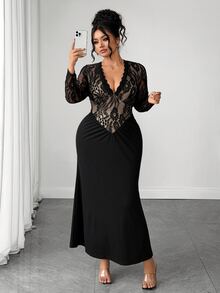 Elenzga Plus Size Women's Fashion Elegant Lace Long Sleeve Deep V-Neck Ruched Bodycon Mermaid Dress, Suitable For Daily, Dating, Party Wear Fall - Black - View 7