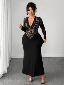 Elenzga Plus Size Women's Fashion Elegant Lace Long Sleeve Deep V-Neck Ruched Bodycon Mermaid Dress, Suitable For Daily, Dating, Party Wear Fall - Black - View 6