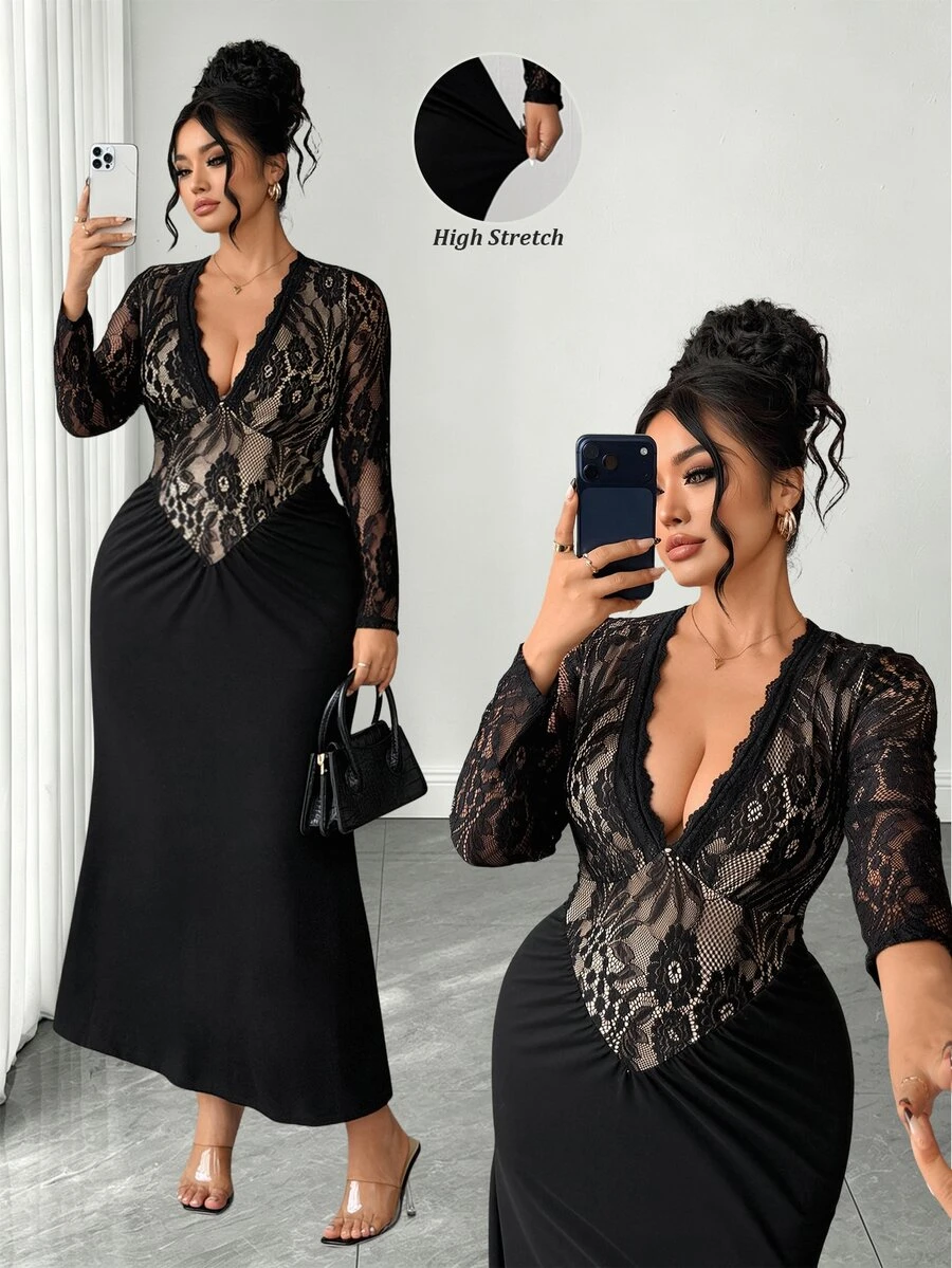 Elenzga Plus Size Women's Fashion Elegant Lace Long Sleeve Deep V-Neck Ruched Bodycon Mermaid Dress, Suitable For Daily, Dating, Party Wear Fall