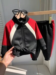 SHEIN 中性嬰兒男/女童 2件組 秋冬保暖內裡加厚時尚拼色拼接立領運動衫套裝，男嬰冬季套裝，運動服 - 黑色 - 查看 7
