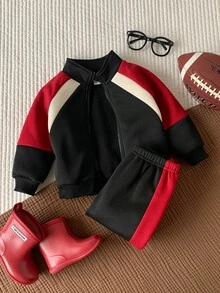 SHEIN 中性嬰兒男/女童 2件組 秋冬保暖內裡加厚時尚拼色拼接立領運動衫套裝，男嬰冬季套裝，運動服 - 黑色 - 查看 6