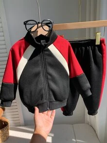 SHEIN 中性嬰兒男/女童 2件組 秋冬保暖內裡加厚時尚拼色拼接立領運動衫套裝，男嬰冬季套裝，運動服 - 黑色 - 查看 4