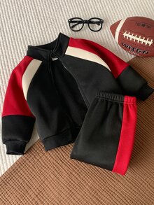 SHEIN 中性嬰兒男/女童 2件組 秋冬保暖內裡加厚時尚拼色拼接立領運動衫套裝，男嬰冬季套裝，運動服 - 黑色 - 查看 5