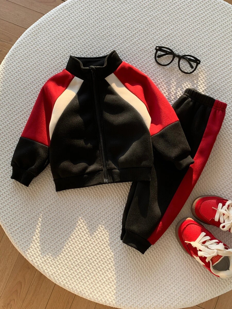 SHEIN 中性嬰兒男/女童 2件組 秋冬保暖內裡加厚時尚拼色拼接立領運動衫套裝,男嬰冬季套裝,運動服 - 黑色 - 查看 1