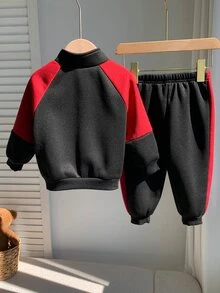 SHEIN 中性嬰兒男/女童 2件組 秋冬保暖內裡加厚時尚拼色拼接立領運動衫套裝，男嬰冬季套裝，運動服 - 黑色 - 查看 2