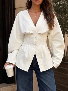 SHEIN Tall White Woven Women's Casual Blazer - White - View 2
