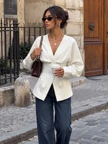 SHEIN Tall White Woven Women's Casual Blazer - White - View 1