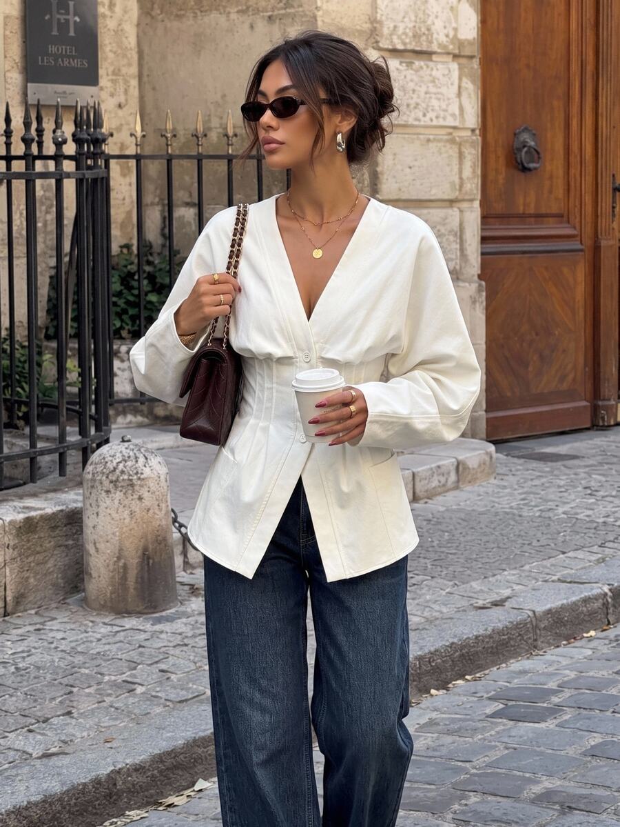 SHEIN Tall White Woven Women's Casual Blazer - White - View 1