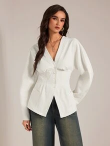 SHEIN Tall White Woven Women's Casual Blazer - White - View 6