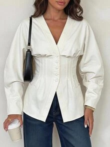 SHEIN Tall White Woven Women's Casual Blazer - White - View 4