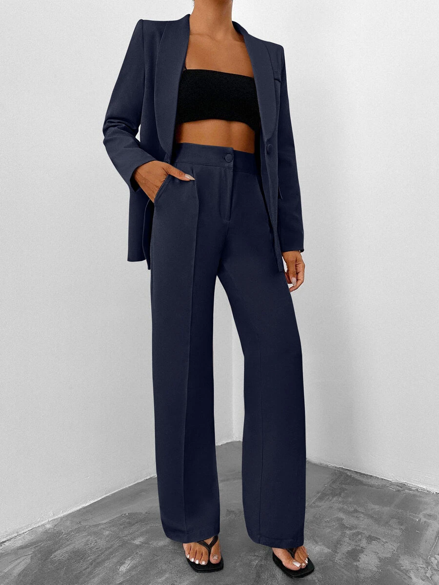 SHEIN Tall Size 2 Pieces Solid Color Shawl Collar Women's Suit Suit - Navy Blue - View 1