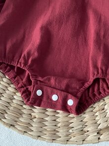 SHEIN Baby Girl Pastoral Embroidered Doll Large Collar Bow Tie Cute Ruffle Elastic Cuff Long Sleeve Romper Autumn - Red - View 4