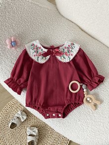 SHEIN Baby Girl Pastoral Embroidered Doll Large Collar Bow Tie Cute Ruffle Elastic Cuff Long Sleeve Romper Autumn - Red - View 8