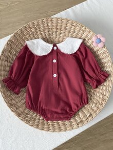 SHEIN Baby Girl Pastoral Embroidered Doll Large Collar Bow Tie Cute Ruffle Elastic Cuff Long Sleeve Romper Autumn - Red - View 3