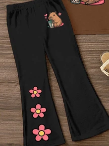 Young Girls 1 Set Fall Capybara Floral Print Short Sleeve Tee & Flare Pants Set, Casual Sweet Autumn Outfit - Multicolor - View 5