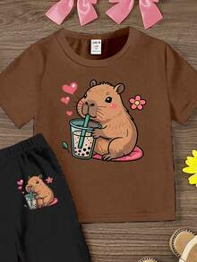 Young Girls 1 Set Fall Capybara Floral Print Short Sleeve Tee & Flare Pants Set, Casual Sweet Autumn Outfit - Multicolor - View 4