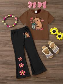 Young Girls 1 Set Fall Capybara Floral Print Short Sleeve Tee & Flare Pants Set, Casual Sweet Autumn Outfit - Multicolor - View 3