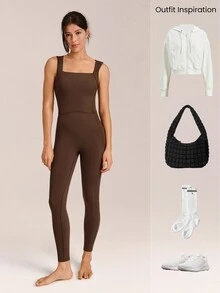 GLOWMODE 28'' ButterFit Sweat-Wicking Quick-Dry Tummy Control Cutout Back Workout Romper Bodyduit With Side Pockets Non-Slip Grips Yoga Pilates - Brown - View 9