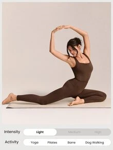 GLOWMODE 28'' ButterFit Sweat-Wicking Quick-Dry Tummy Control Cutout Back Workout Romper Bodyduit With Side Pockets Non-Slip Grips Yoga Pilates - Brown - View 8