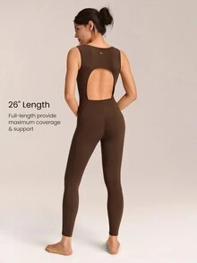 GLOWMODE 28'' ButterFit Sweat-Wicking Quick-Dry Tummy Control Cutout Back Workout Romper Bodyduit With Side Pockets Non-Slip Grips Yoga Pilates - Brown - View 5
