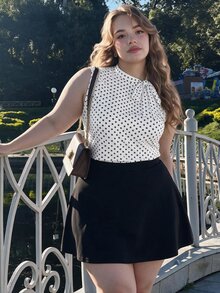 SHEIN MOD 大尺碼女款套裝 全白黑蝴蝶結無袖上衣 A字迷你裙 早午餐派對 夏季 1920年代復古優雅 - 黑與白 - 查看 5