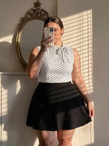 SHEIN MOD 大尺碼女款套裝 全白黑蝴蝶結無袖上衣 A字迷你裙 早午餐派對 夏季 1920年代復古優雅 - 黑與白 - 查看 8