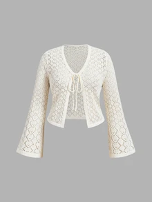 SHEIN MOD Plus Size Women's Solid Color Tie Front Casual Elegant Versatile Daily Wear Cardigan Autumn Formal Morning White - Apricot - View 2