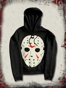 ROMWE MEN Beetlejuice X ROMWE Men's Mask Print Long Sleeve Casual Drawstring Hoodie - Black - View 1