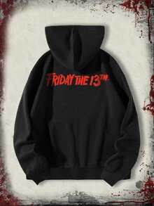 ROMWE MEN Beetlejuice X ROMWE Men's Mask Print Long Sleeve Casual Drawstring Hoodie - Black - View 2