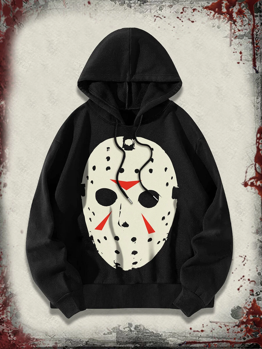 ROMWE MEN Beetlejuice X ROMWE Men's Mask Print Long Sleeve Casual Drawstring Hoodie - Black - View 1