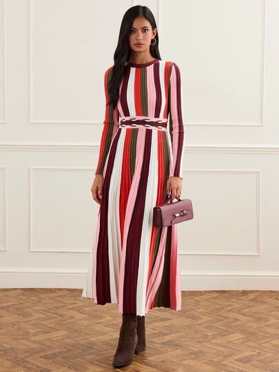 Lilora Women's Elegant Colorful Striped Sweater Dress, High-End Fashion Versatile Elegant Dress, Suitable For Commuting, Daily Casual, Outing, Gathering, Dating, Party, Leisure, Excursion, Holiday, Vacation, Autumn, Winter, Holiday Travel
