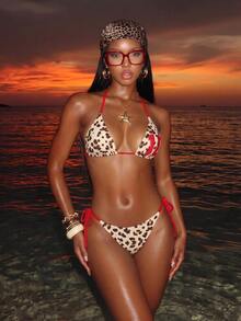 SHEIN Swim Set Bikini Wanita 2 Potong Musim Panas Seksi Motif Leopard Leher V dengan Tali Halter - MultiWarna - View 1