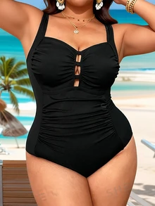 Swim Vcay Plus Size Women Square Neck Tummy Control One-Piece Swimsuit, Solid Color Ribbed Fabric, Simple Everyday Swimwear, For Summer Beach Vacation - Black - View 4