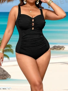 Swim Vcay Plus Size Women Square Neck Tummy Control One-Piece Swimsuit, Solid Color Ribbed Fabric, Simple Everyday Swimwear, For Summer Beach Vacation - Black - View 5