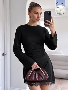Lavishia 女款優雅性感圓領喇叭袖不對稱下擺蕾絲拼接收腰長袖迷你洋裝，黑色秋季夜店雞尾酒會穿搭 - 黑色 - 查看 7